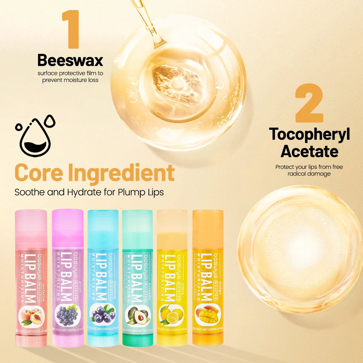 6Pcs Fruit Series Lip Balm Set Honey Vitamin E Moisturizing Repair Anti-Cracked Non-sticky Lip Balm for Lips Skin Care
